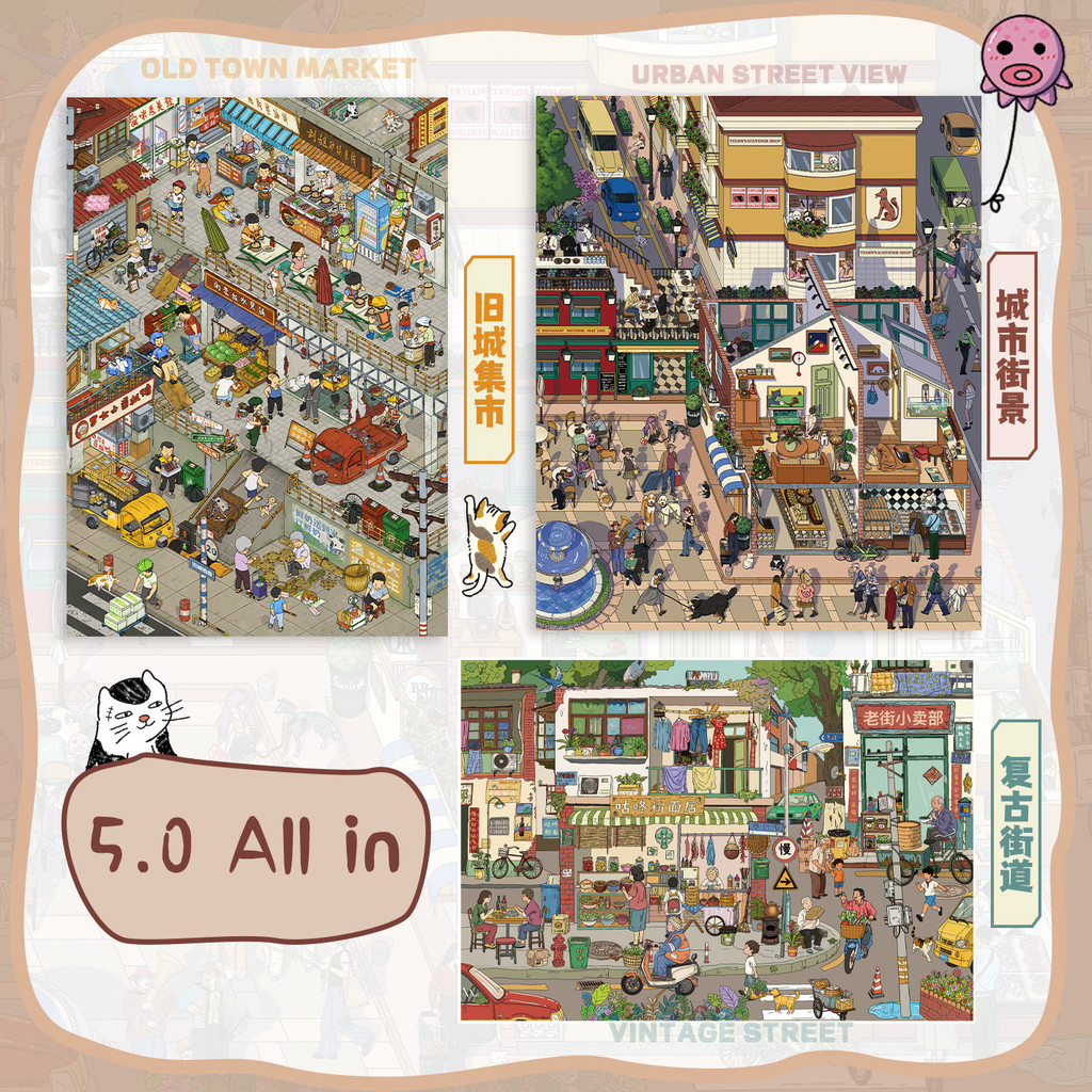 【新品】 朝釉特油造景帖紙5.0系列 復古街景集市場景貼紙解壓手賬造景貼紙 @叄年二班3/19 BI53