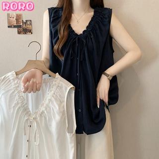 RORO🔸大碼夏季背心 大碼設計感紐扣V領吊帶背心女夏季新款胖mm娃娃衫外穿無袖上衣女