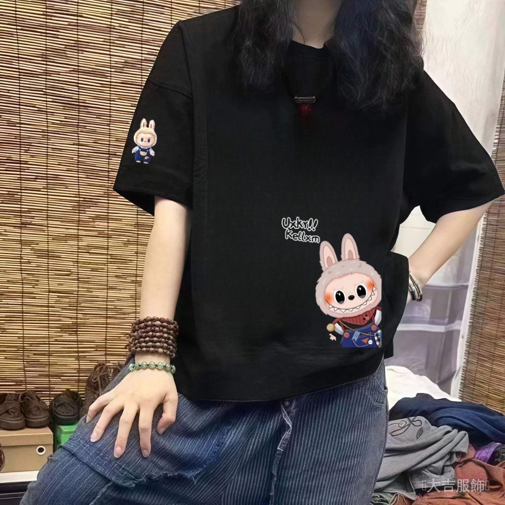 100%纯棉夏季透气百搭短袖T恤女圆领女T恤新款LAbubu印花耐穿显瘦上衣拉布布卡通印花女上衣ins風短袖上衣女