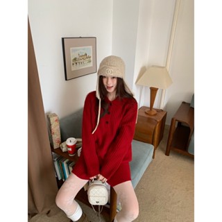 【HOT 本舖】有貨實拍 韓系復古Polo領毛衣鬆緊短褲套裝