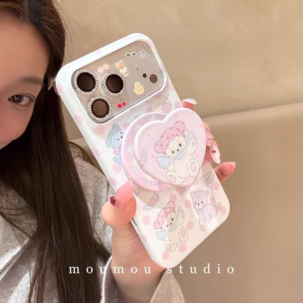 ✨熊·動漫實驗室✨新款 蘋果17手機殼 可愛少女心波點小熊磁吸支架適用iPhone17promax蘋果16手機殻15女