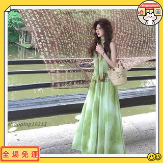 特惠免運🔥韓系綠色無袖連衣裙吊帶夏季新款扎染飄帶氣質收腰海邊度假長裙 海島洋裝 長洋裝 渡假洋裝|Shp