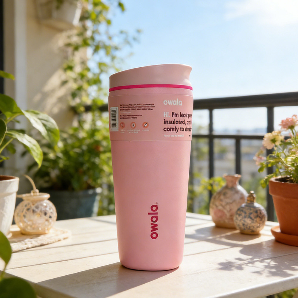 Owala 20 盎司旅行杯 SmoothSip 滑塊絕緣不銹鋼咖啡杯不含 BPA,淺粉色