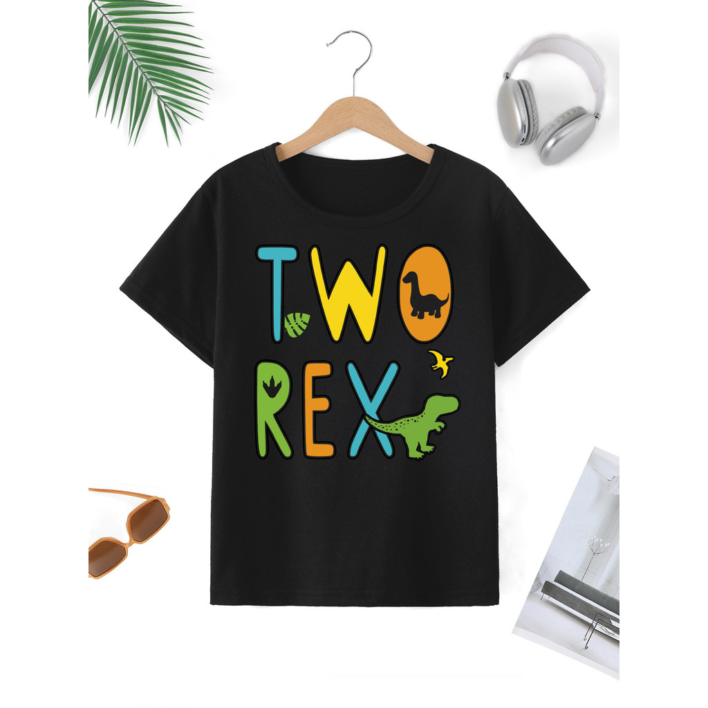 幼兒 2 歲生日恐龍 T 恤 - 兩條雷克斯霸王龍恐龍襯衫,帶有“兩條雷克斯”刻字,可機洗圓領休閒派對服裝,適合恐龍主題