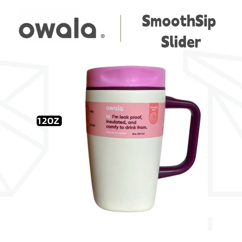 Owala SmoothSip Slider 12 盎司絕緣旅行杯 - 帶手柄的不銹鋼咖啡杯,不含 BPA,雙層真空絕緣