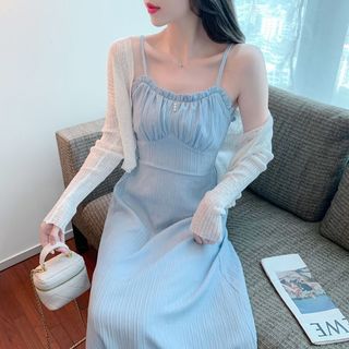 特惠免運🔥藍色吊帶連衣裙女夏季高級設計感小眾收腰顯瘦溫柔風長裙子兩件套 海島洋裝 長洋裝 渡假洋裝|Shp