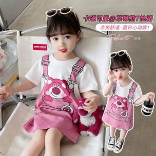 Healthy baby 女童夏季短袖連衣裙卡通草莓熊小女孩T恤裙中長款兒童揹帶裙子 女童裙子 夏季裙子 連衣裙