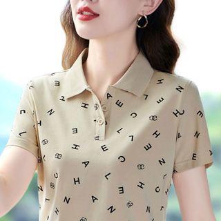 M·Lady翻領polo衫女短袖t恤大碼媽媽裝夏季2026新款印花上衣 短袖衣服 女生t恤 polo上衣 媽媽裝