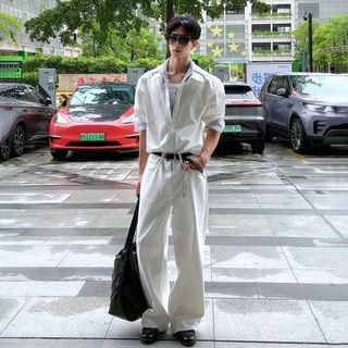 【襯衫】美式白色條紋撞色假兩件襯衫男款夏季痞帥高級感cleanfit襯衣外套