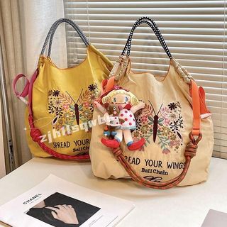 🥇臺北店/免運🥇日系新款ball chain休閒刺繡購物袋蝴蝶花單肩斜跨手提包大容量包W5KB0
