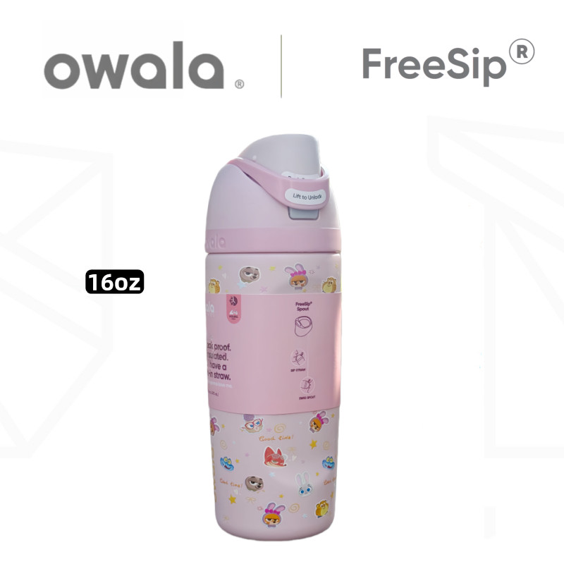 Owala Freesip 兒童 16 盎司水瓶,絕緣不銹鋼,防漏防溢吸管蓋帶手柄 - 雙層真空,適用於學校和運動