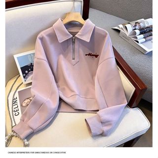 愛依依 衛衣外套 印花T卹 學院風 上衣 S-2XL新款polo領半拉鍊衛衣女寬鬆小個子短上衣外套-12638.