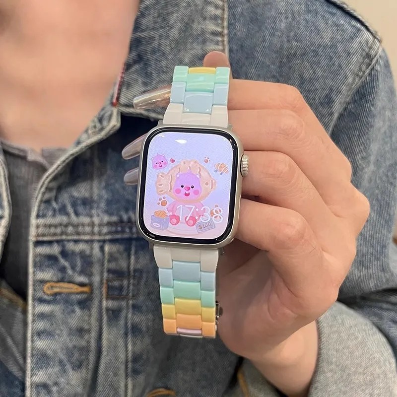 彩虹糖果色 樹脂蘋果錶帶 適用 Apple Watch 9 8 7 6 5 SE 三株腕帶 41mm 45mm 運動錶帶