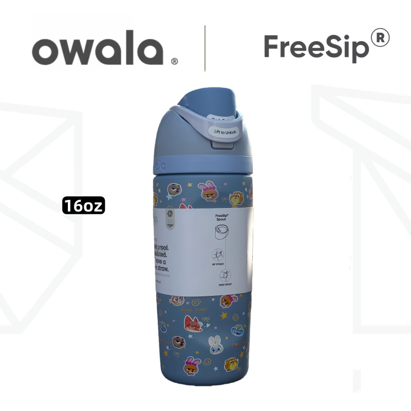 Owala Freesip 兒童 16 盎司保溫水瓶 - 不銹鋼,防漏吸管蓋帶手柄,適合學校、運動和旅行
