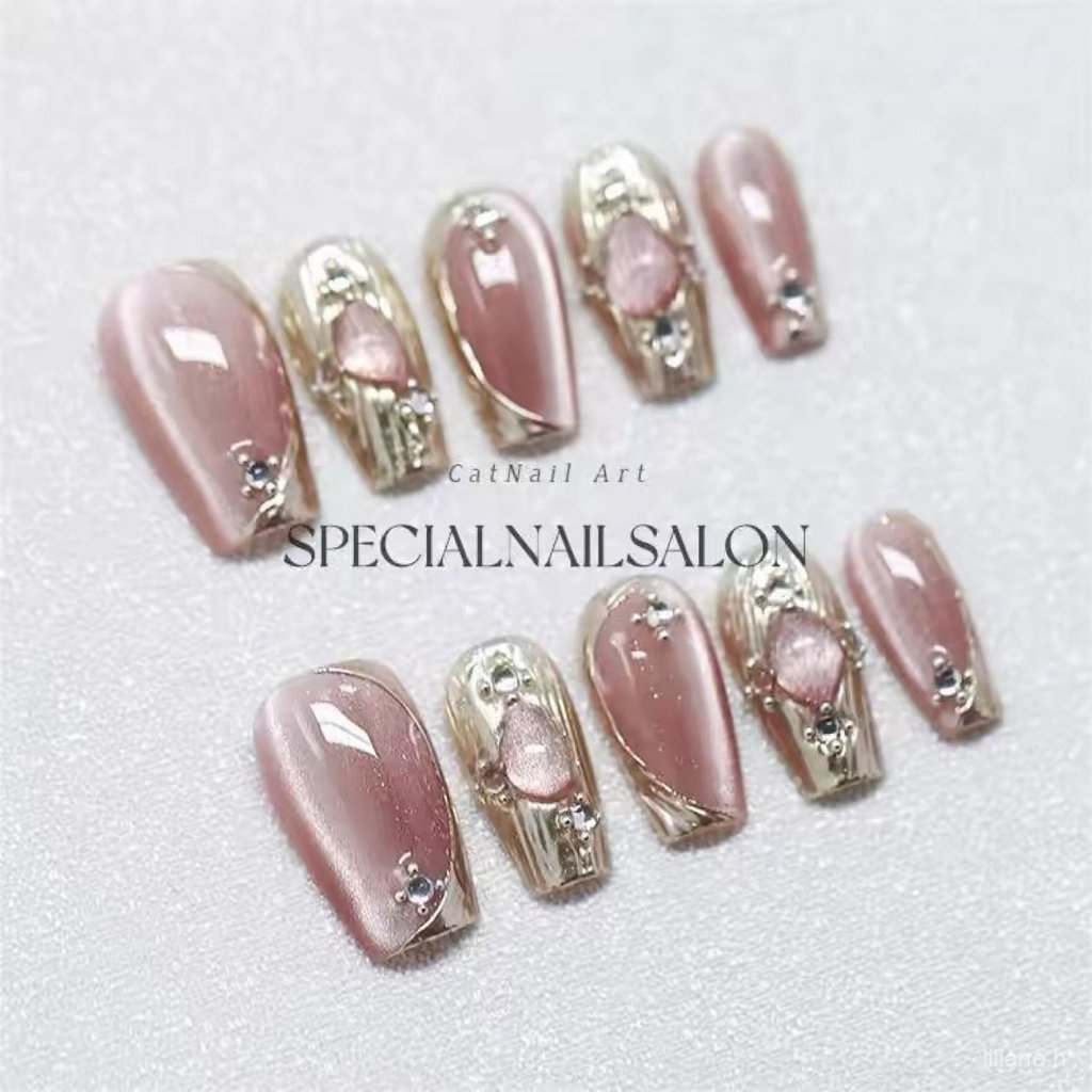 ❤️免運直達❤️粉純手工穿戴甲假指甲貼片美甲粉色燈泡貓眼布契拉提奇跡天使 QVRW