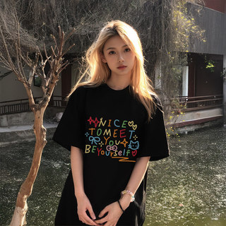 【現貨！當天出】韓係印花簡約風短袖女t恤 重磅純棉女tee 落肩款加大碼oversize風 寬鬆夏季短袖 男女同款情侶衣