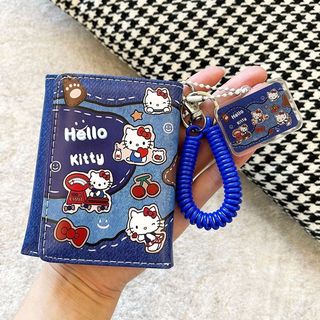 凱蒂貓三折錢包新款情侶零錢包卡包一體多卡位可愛收納Denim Hello Kitty錢包新款情侶零錢包多功能多卡槽可愛收