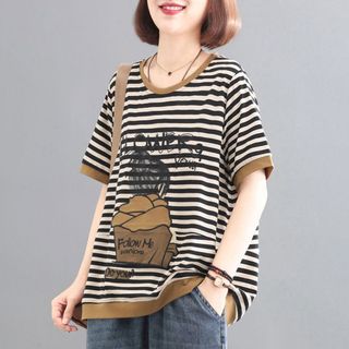 【Sugar】夏季短袖t恤女生上衣短袖上衣女大碼女裝夏季新款寬鬆條紋上衣女遮肉顯瘦大版歐貨短袖T恤韓版女裝短袖女T恤