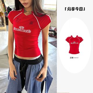 MeetYou 紅色上衣 辣妹女裝 美式上衣 美式復古辣妹字母印花運動風短袖T恤女夏季新款修身顯瘦短款上衣