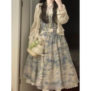 日系女裝 森系女裝 日系森林系 日系服飾 日系洋裝 森林系服飾 2025夏季休閒復古度假風油墨畫吊帶連衣裙鏤空外搭上衣兩