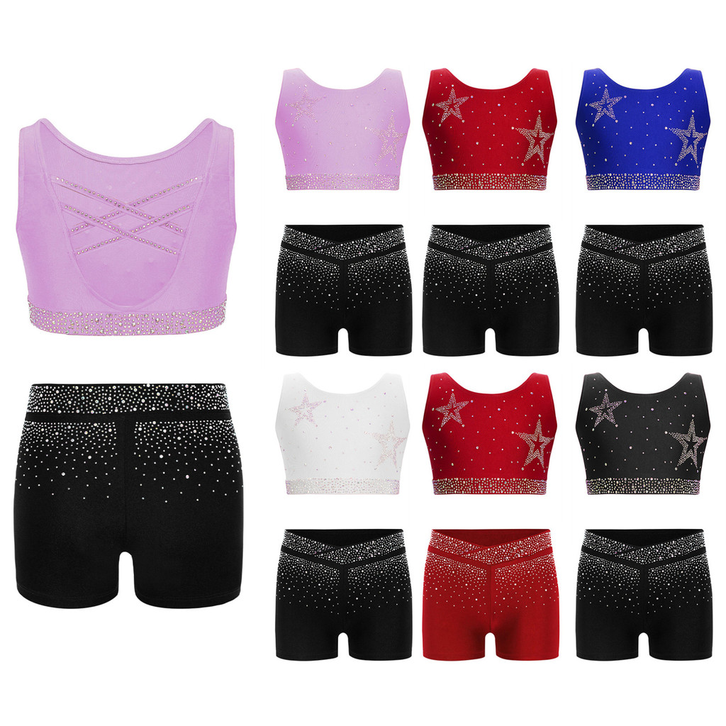 Fldy Kids Girl&039;s Workout 體操服瑜伽套裝無袖芭蕾舞舞蹈背心+短褲露臍上衣青少年運動運動套