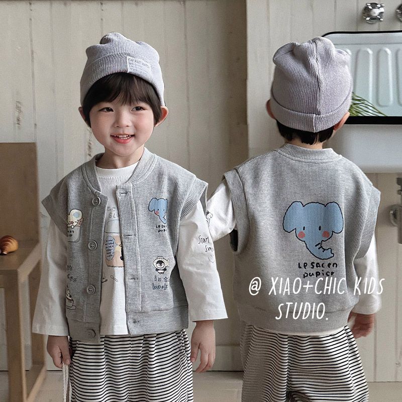 Healthy baby 萬能搭配~兒童春季動物印花華夫格棉質馬甲男童女童春秋實用上衣 男童馬甲 男童春秋馬甲 