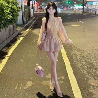 日系女裝 森系女裝 日系森林系 日系服飾 森林系女裝 森林系服飾 夏季氣質長袖設計感露肩收腰泡泡袖雪紡連衣裙高腰短褲兩件