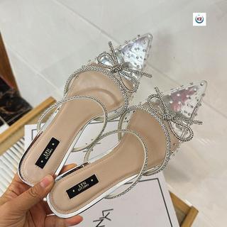 臺灣出貨#泰國單大轉櫃600+外貿新款蝴蝶結尖頭高跟涼拖女仙女風包頭穆勒鞋#免運
