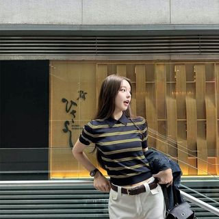 【CHIC】夏季polo條紋針織短T 字母短版翻領上衣
