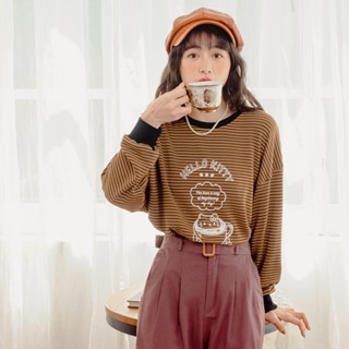 OB嚴選 KITTY拿鐵咖啡系列．復古條紋高彈力磨毛微澎袖上衣 《KB1411》大尺碼/女裝/現貨