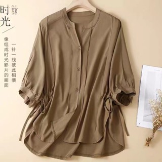 【🍒櫻桃高品質】大尺碼襯衫 五分袖襯衫 顯瘦上衣 新款寬松顯瘦休閑收腰短袖V領大尺碼上衣