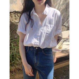 白色短袖襯衫女 韓版素色寬鬆襯衫 夏季休閒上衣