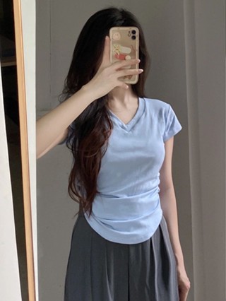 61736 弧形下襬彈力抽褶設計短袖T恤上衣
