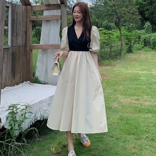 韓版短袖洋裝 氣質v領撞色洋裝 夏季過膝長裙女