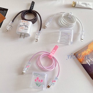 IPhone 20W/18W 充電器外殼插頭蓋日月鬱金香花朵印花 Type-C 數據線繞線器數據線紮帶保護殼軟TPU 保
