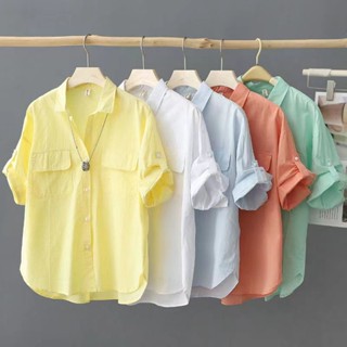 【🍒櫻桃大尺碼】M-4XL 大尺碼100%純棉短袖純色襯衫女夏季新款外搭襯衣設計感寬松薄上衣女