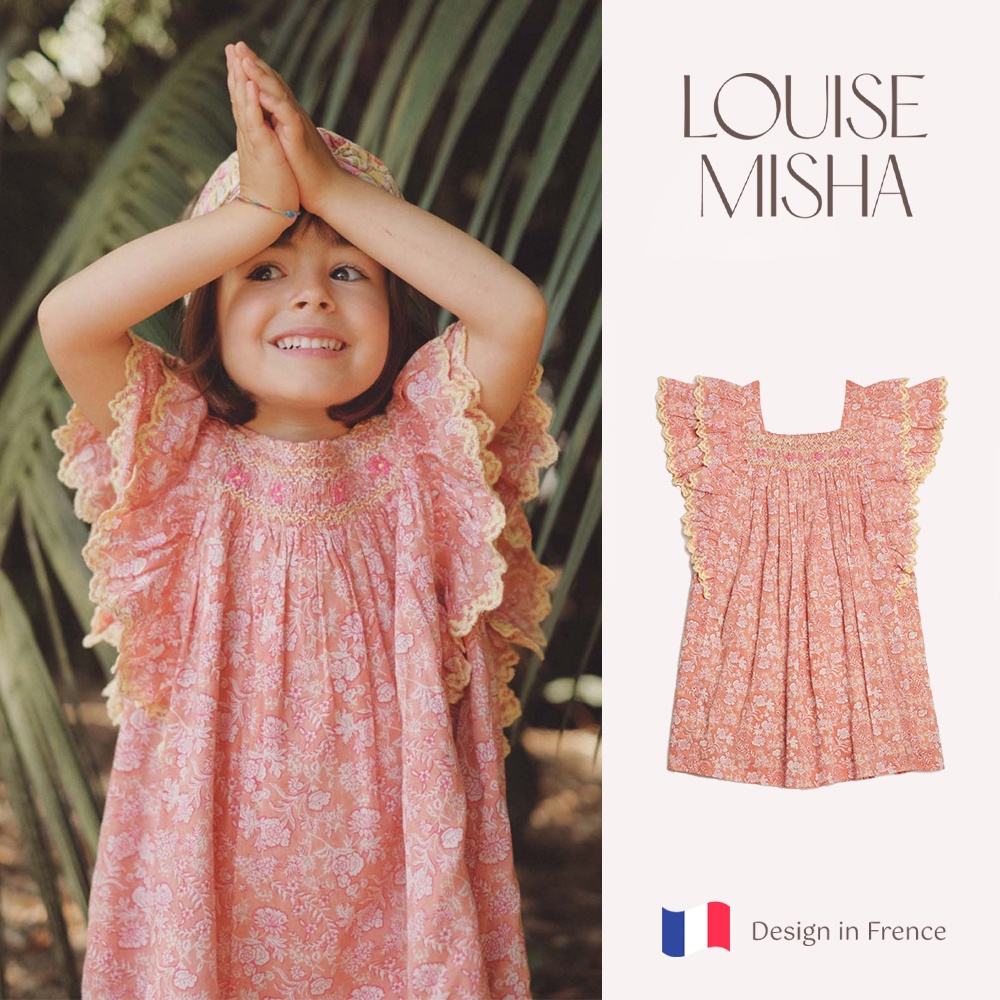 法國 Louise Misha 粉紅雛菊小碎花荷葉洋裝 純棉 法國設計 童裝 女孩套裝 女童洋裝 氣質洋裝 連身裙