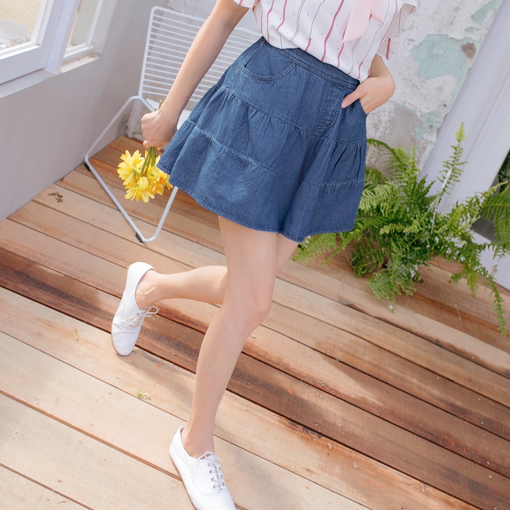 OB嚴選 高含棉腰鬆緊牛仔/丹寧層次蛋糕裙拼接短褲裙 《BA5072》大尺碼/女裝/現貨
