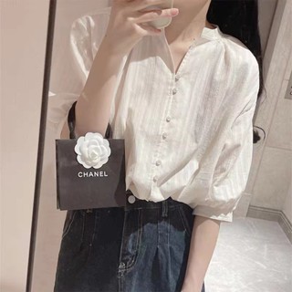 62882 夏季法式休閒白色棉麻別緻五分袖襯衫