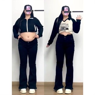 【🍒櫻桃大尺碼】M-5XL 大尺碼高腰牛仔褲女九分寬松春秋季新款韓版顯瘦百搭闊腿微喇叭牛仔長褲