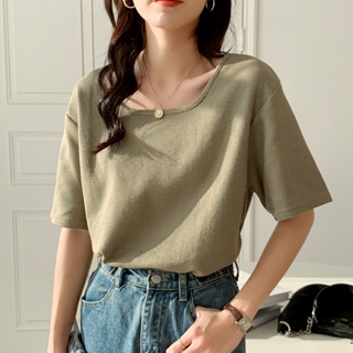 61952 韓系夏季素色寬鬆顯瘦抹茶綠色短袖華夫格方領t恤