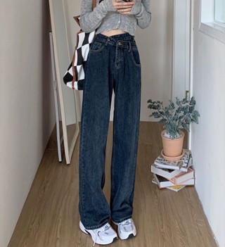M-5XL 大尺碼不規則牛仔褲女春秋韓版新款高腰顯瘦百搭闊腿褲 牛仔長褲ins