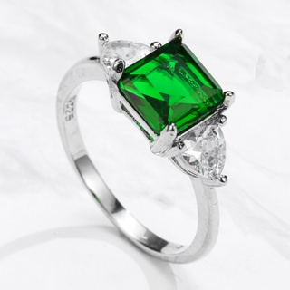 天然切割公主祖母綠戒指鍍銀鑲嵌綠寶石戒指婚禮