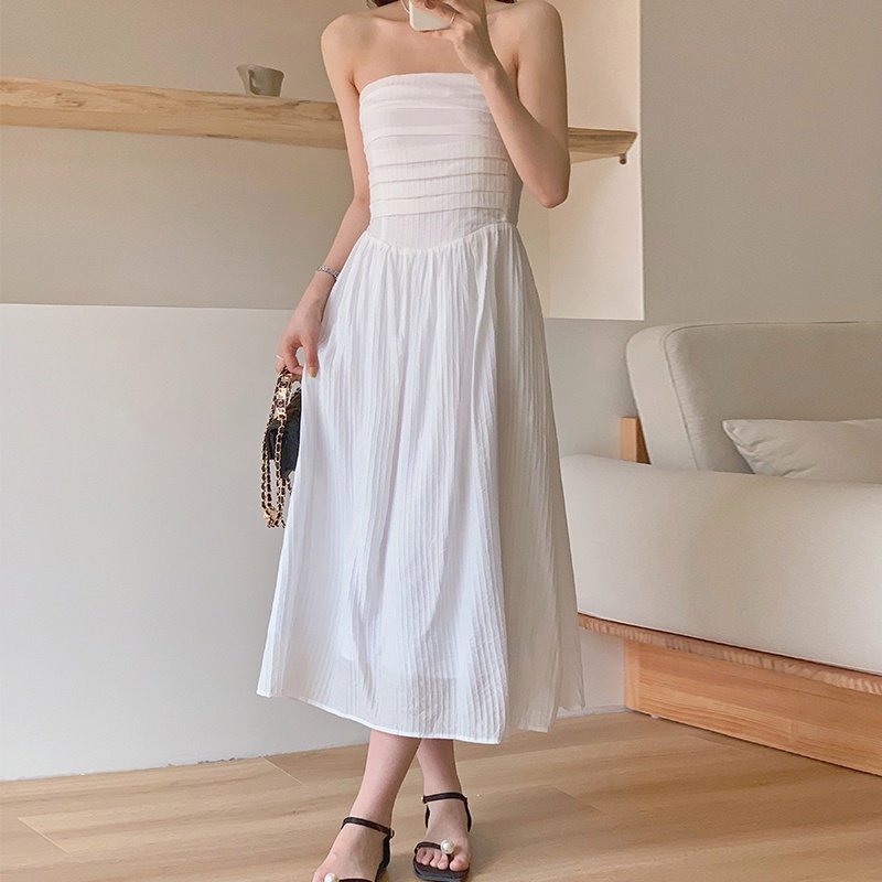 63834  白色夏季素色洋裝收腰顯瘦長裙