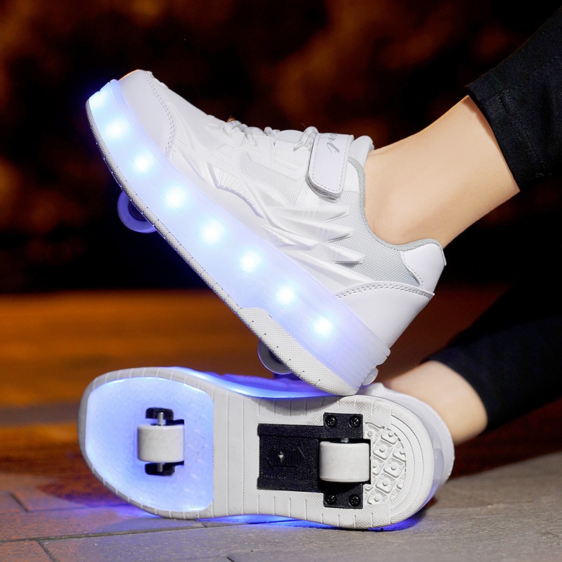 兒童 USB 充電輪滑鞋夜光發光運動鞋帶黑色粉色 LED 燈男孩女孩
