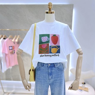 💕甜心大尺碼💕M-5XL 大尺碼 韓潮夏季款草莓印花休閒T恤女短袖ins潮圓領減齡少女上衣寬鬆百搭3953