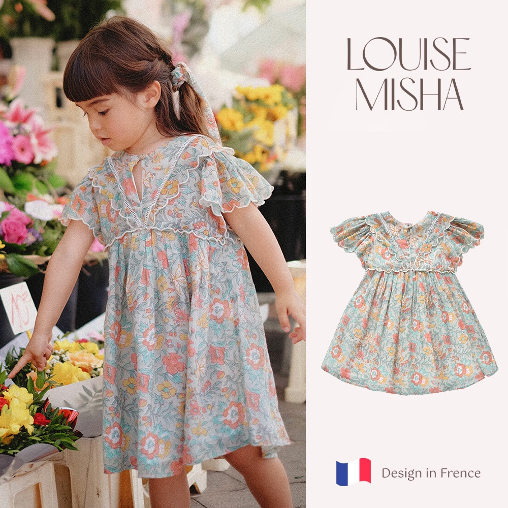 法國 Louise Misha 珊瑚綠花朵洋裝 童裝 女孩套裝 花童 洋裝 畢業 禮服 連身裙 女童 氣質洋裝 碎花洋裝