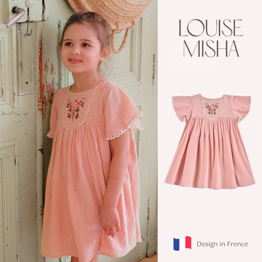 法國 Louise Misha 胸口刺繡花朵粉洋裝 純棉 法國設計童裝 女孩套裝 連身裙 女童洋裝 氣質洋裝 女孩 洋裝