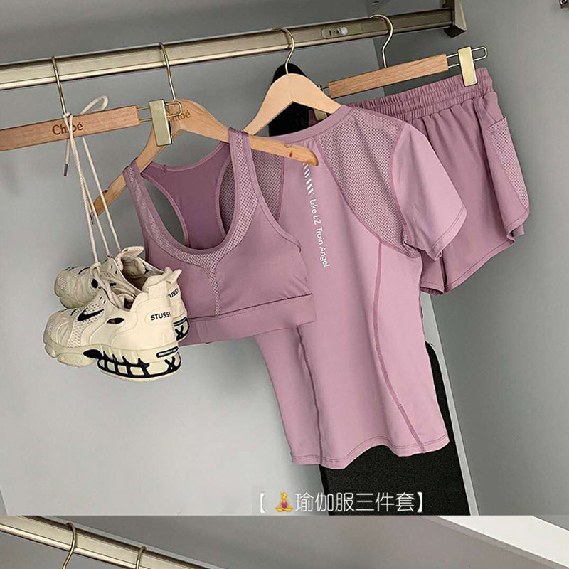 現貨 夏季瑜伽服套裝三件式瑜伽服健身跑步女運動彈性速乾薄款顯瘦透氣