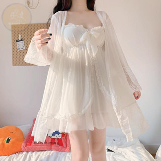 $免運$ 【晚安ONE-77】短款睡衣 長袖睡衣 甜美睡衣 居家服 收腰吊帶睡衣 睡袍吊帶兩件套 薄睡袍 兩件式睡衣